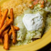 Enchilada Suiza · Gluten-free. Tomatilla sauce, Jack, sour cream and choice of shredded chicken, shredded beef...