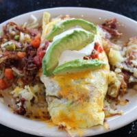 Mexicano Omelette* · Homemade chorizo with diced green chilies, jalapenos, onions, tomatoes ＆ cheddar cheese topp...