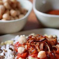 Koshary  · rice, lentils, macaroni, tomato sauce, vegetable oil, onions, cumin, coriander