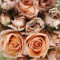 Soft Peachy/Pink Rose & Hydrangea · Such a warm and soft arrangement with the softest, pale pink and peach spray roses with crea...