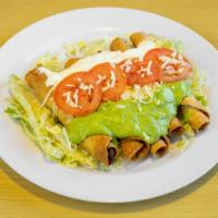 5 Rolled Tacos Special · Lettuce, cotija cheese, tomatoes, guacamole, and sour cream.