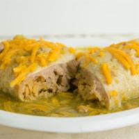 Chile Verde Smothered Burrito · Rice, beans, pork and green salsa.