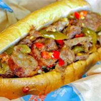 The Chubby · Steak, provolone, Italian sausage, onions, sweet & hot pepper blend.