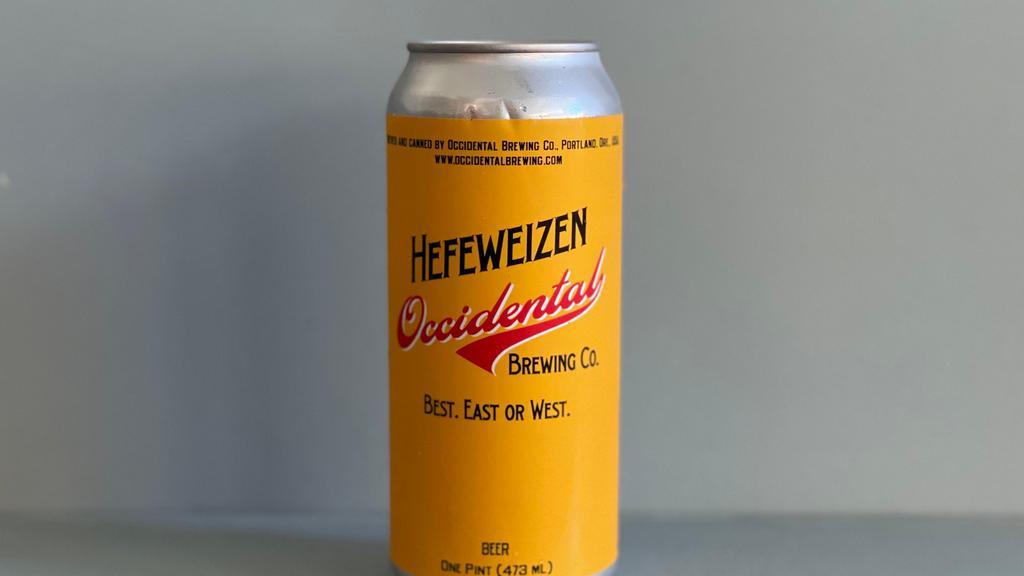 Occidental Hefeweizen · Must be 21+ to purchase. A classic Bavarian-style hefeweizen. Made with 70% wheat and lightly hopped with German Hallertauer, you’ll find it’s refreshing and slightly dry with the beguiling banana and clove notes that give away the true weizen yeast we use. This is a German-style wheat beer the way it should be.
