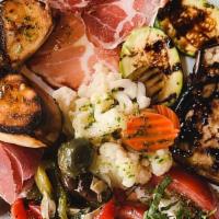 Antipasto Misto · Crostini, prosciutto, speck, pickled vegetables, grill eggplant and zucchini, tomato & mozzo...