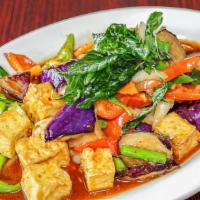 Spicy Eggplant · Stir-fried eggplant, onion, bell peppers, basil and chili paste.