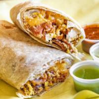 Super Bacon Burrito · Bacon, Bell Peppers, Onions, Eggs and Cheese.