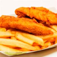 Chicken Strips W/Fries · 2 pieces of chicken tenderloin, breaded and fried on top of a bed of crispy fries.