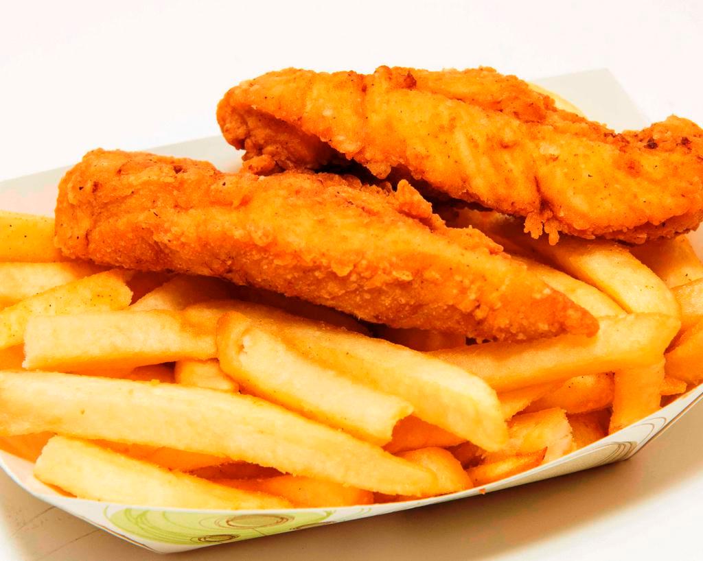 Chicken Strips W/Fries · 2 pieces of chicken tenderloin, breaded and fried on top of a bed of crispy fries.