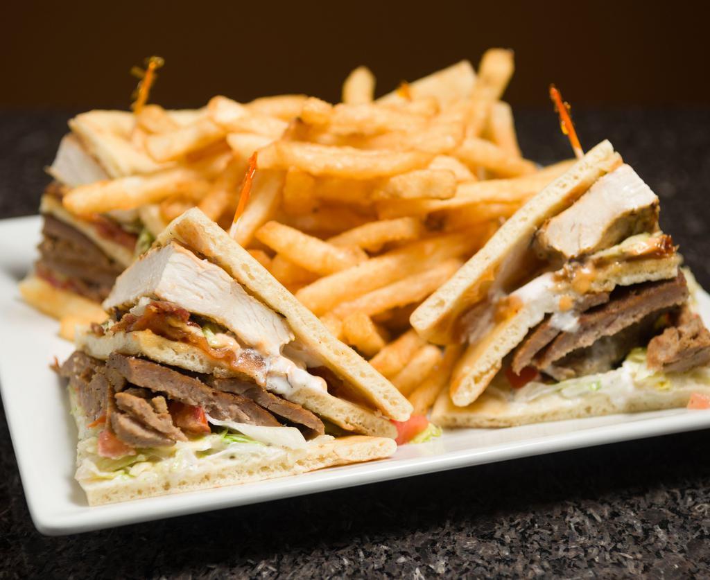 Aegean Club · Sliced gyro meat, grilled chicken breast, bacon, lettuce, roma tomato, onions, chipotle mayo, tzatziki sauce.