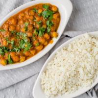 Chana Masala · Vegan. Garbonzo Beans cooked in with onions, tomatoes, and specials spices.