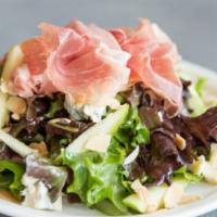Mele Fresca Salad · Prosciutto di Parma, Granny Smith Apple, Almonds, Gorgonzola on Spring Mix with Lemon Vinaig...