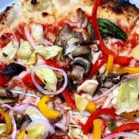 Vg Queens Pizza · Artichokes, Mushrooms, Peppers, Red Onion, Violife Vegan Mozzarella, San Marzano Tomato Sauc...