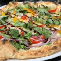 Gf Vg Rocket Pizza · Arugula, Roasted Peppers, Red Onion, Violife Vegan Mozzarella, Balsamic Glaze, EVOO, Fresh B...