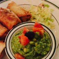 Taquitos (5) · Five fried rolled tacos of your choice of beef or chicken served with choice of dipping sauc...