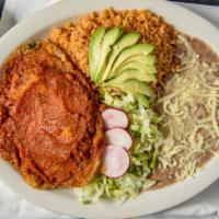 Chile Relleno Comb · one chile pepper  with cheese inside, served  with  rice refried beans , and vegetables   an...