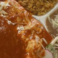 Single  Red Enchilada ( Chicken) · chicken enchilada  served with lettuce a side and sour cream