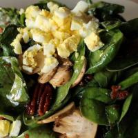 Spinach Pecan Salad · mushrooms, egg, tomato, spiced pecans, bacon dressing