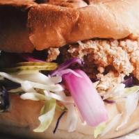 Fried Chicken Sandwich* · Contains gluten. 
A giant 6 oz slab of chicken thigh breaded with a sweet potato starch and ...