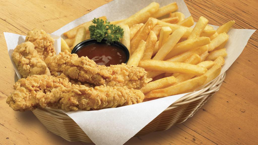 Chicken Strips Basket · 5 golden fried chicken tenders served with steak fries and BBQ dipping sauce. 630 cal.