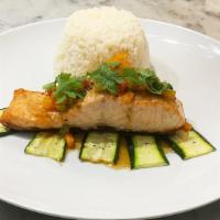 Salmon Three Flavors · 4 ounce salmon filet with tangy tamarind sauce, garlic, chili, bell pepper, basil; served on...