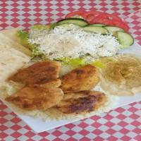Grilled Chicken Plate · Grilled chicken breast with house spices. Served with hummus, pita, rice, and Greek salad.