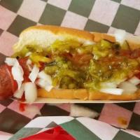 Arizona Dog · Bacon, red& green peppers, caramelized onions, green onions.