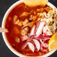 Pozole Med 21 Oz · Traditional Mexican pozole is a rich brothy soup made with pork, hominy and red chillies. To...