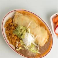 Burrito Plate · Wet burrito, rice, beans, onions, cilantro, salsa, sour cream, guacamole, and cheese.