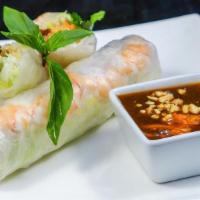 Cuon / Fresh Spring Rolls · 2 rice papers wrapped Gluten free optional, Includes Lettuce, Sprouts, Pickled Carrots, Cucu...