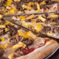 Cheese Steak Pie · Steak, French fries, grilled onions, red sauce, Mozzarella cheese & cheese whiz.