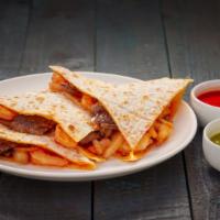 Mar Y Tierra Quesadilla · Carne asada, shrimp, and onion grilled with red sauce in a cheese quesadilla.