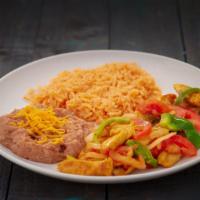 Chicken Fajitas Plate · Grilled chicken with onion and bell pepper. Served with rice and beans.