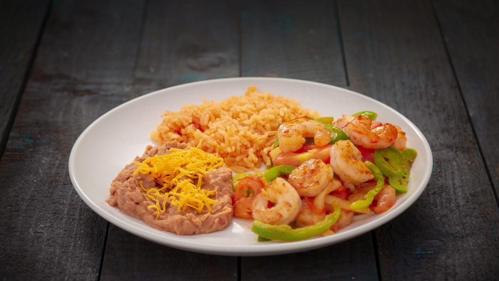 Shrimp Fajitas Plate · Grilled shrimp with onions and bell pepper. Served with rice and beans.