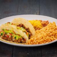 Two Carne Asada Tacos · Two carne asada tacos. Served with rice and beans.
