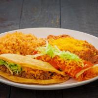 Taco & Enchilada · One shredded beef taco and one cheese enchilada. Served with rice and beans.
