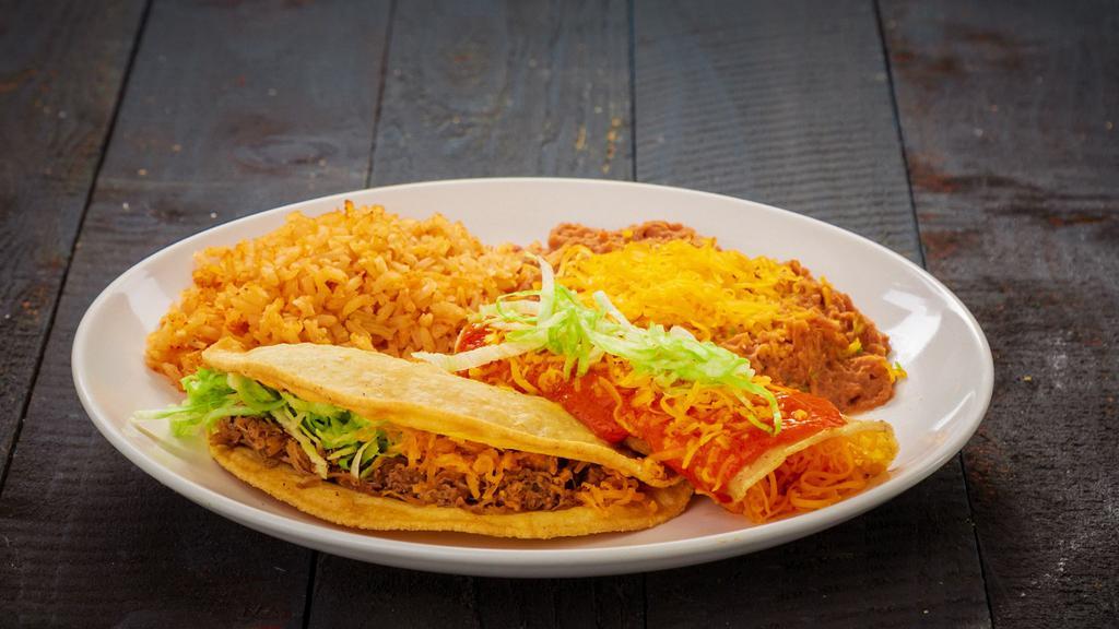 Taco & Enchilada · One shredded beef taco and one cheese enchilada. Served with rice and beans.