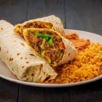 Two Beef Burritos · Two shredded beef burritos. Served with rice and beans.