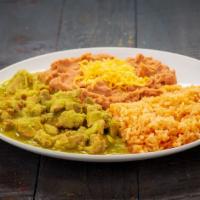 Green Chile · Marinated pork in green chile. Served with rice and beans.
