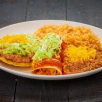 #4. Tostada & Enchilada · Served with rice and beans.