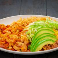 Camaron Ranchero · Shrimp in red salsa. Served with rice and beans.