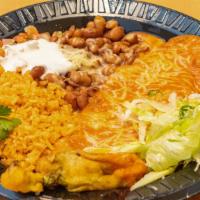 Chile Relleno With Rice & Beans Plate · Comes with 3 tortillas of your choice. Includes lettuce, pico de gallo, and sour cream.