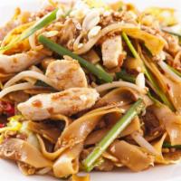 Chicken Pad Thai · Pad Thai with chicken, noodles, house sauce, bean sprouts, green onions, and roasted peanuts.