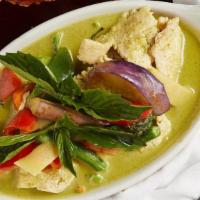 Green Curry (Spice Level 3Minimum) · Green curry paste & coconut milk, Thai long eggplant, bell peppers, mushrooms, green beans, ...