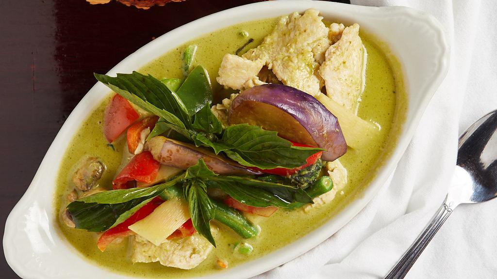 Green Curry (Spice Level 3Minimum) · Green curry paste & coconut milk, Thai long eggplant, bell peppers, mushrooms, green beans, Thai basil, peas & lychee nuts.