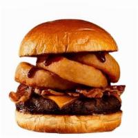 Bacon Bbq Burger · Beef patty, bacon, fried onion rings, BBQ sauce, and melted cheddar cheese on a brioche bun.