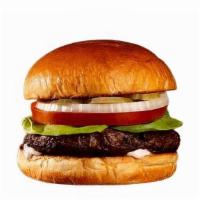Burger · Beef patty, lettuce, tomato, onion, pickles, and mayo on a brioche bun.