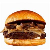 Mushroom Swiss Cheeseburger · Beef patty, roasted mushrooms, caramelized onions, melted swiss cheese, and mayo on a brioch...