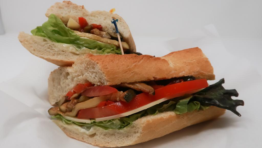 Veggie · Roasted vegetables, Swiss, lettuce, tomato, mayo.