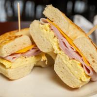 Breakfast Sandwich · Ham, Egg and Cheese on a choice of bagel or croissant